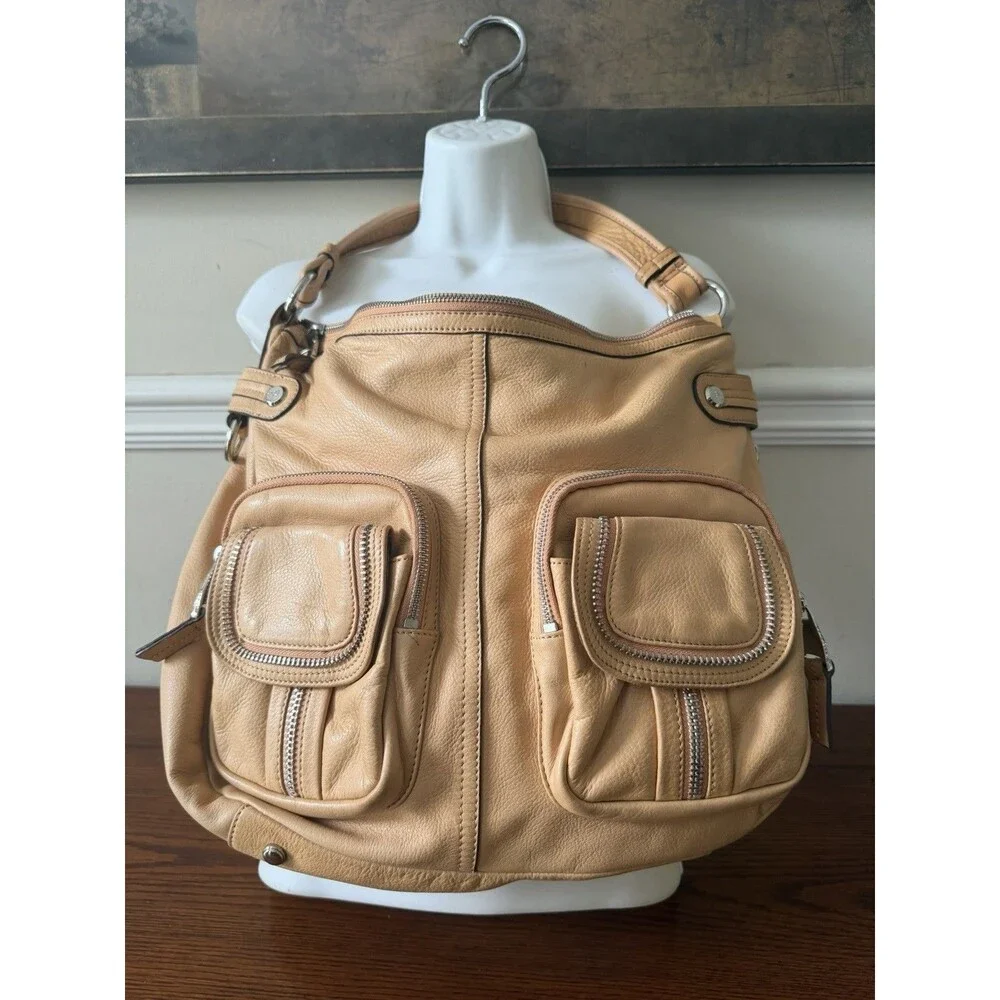 B. Makowsky Tan Leather Hobo Bag Multi-Pocket Cargo Style Silver Hardware